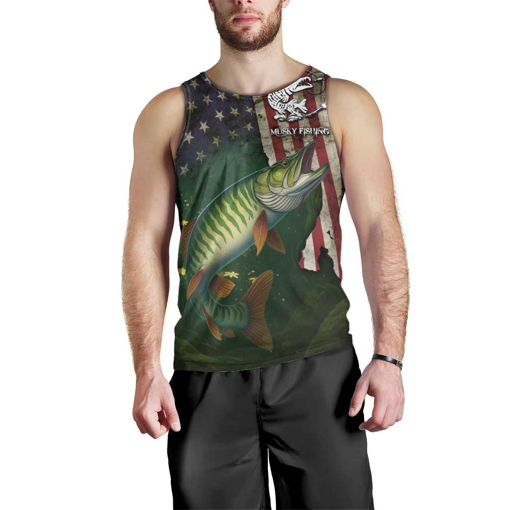 Musky Fishing Design Men Tank Top with American Flag Background and Custom Name Print - Wonder Print Shop