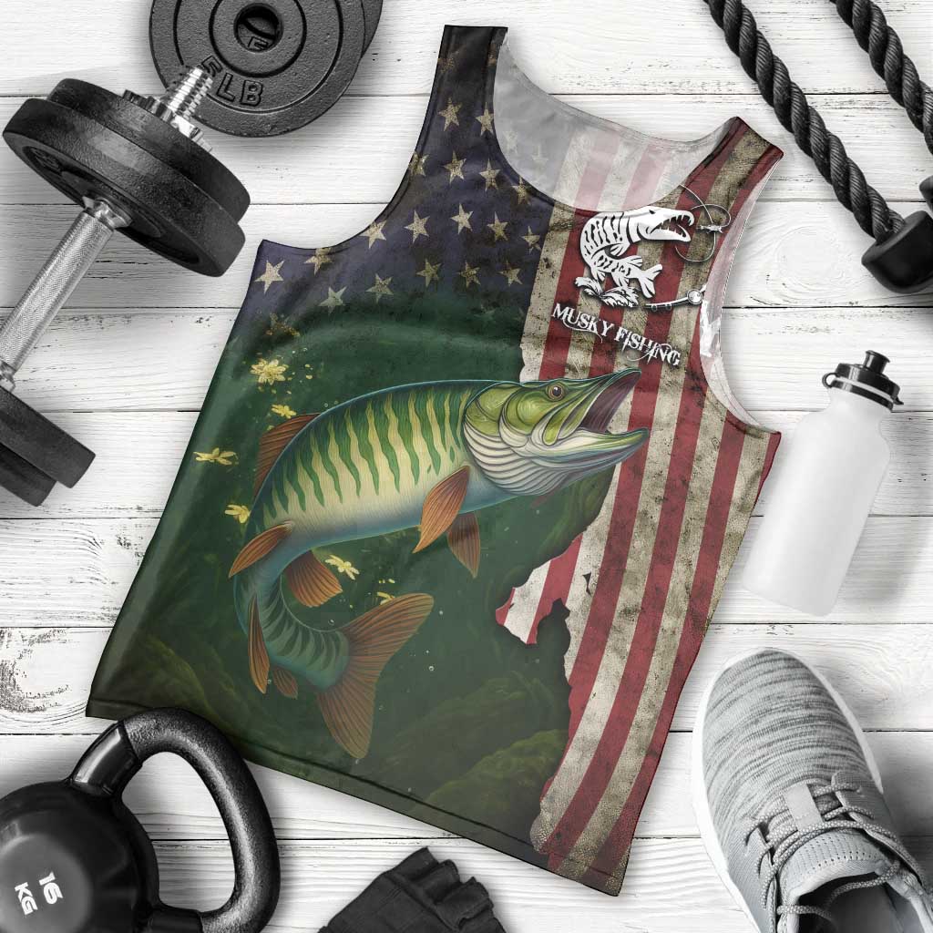 Musky Fishing Design Men Tank Top with American Flag Background and Custom Name Print - Wonder Print Shop