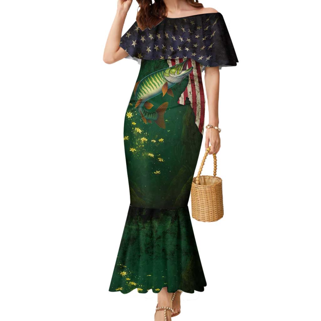 Musky Fishing Design Mermaid Dress with American Flag Background and Custom Name Print - Wonder Print Shop