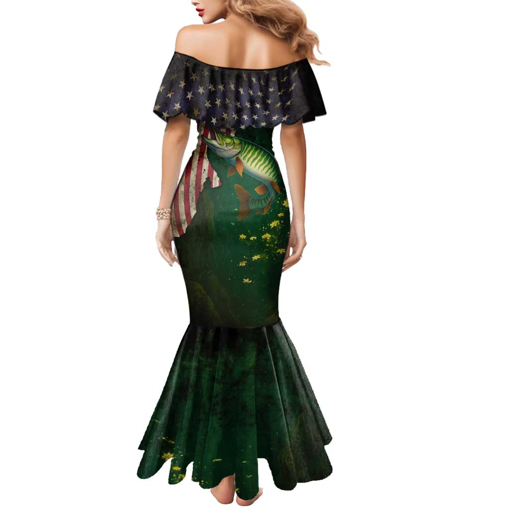 Musky Fishing Design Mermaid Dress with American Flag Background and Custom Name Print - Wonder Print Shop