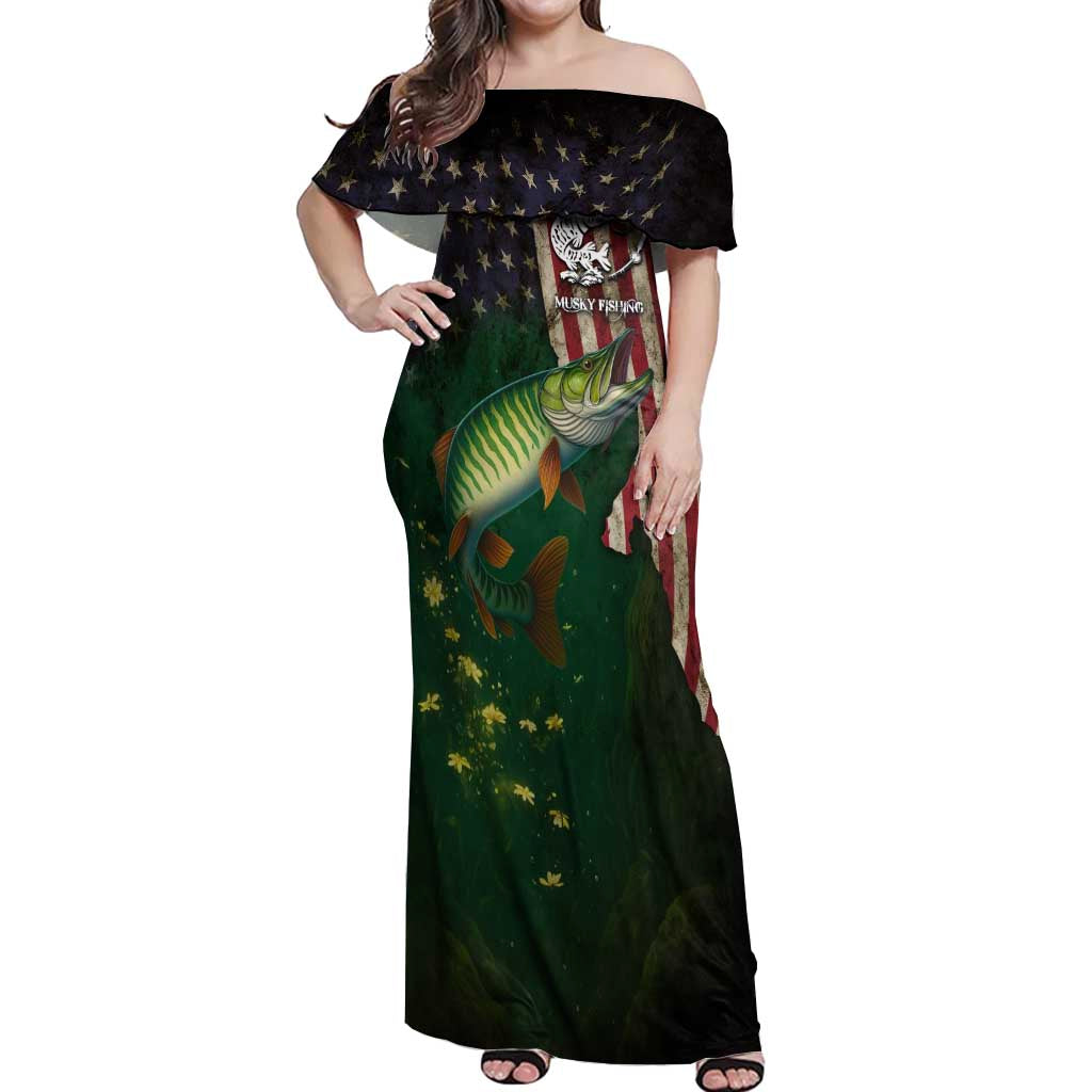 Musky Fishing Design Off Shoulder Maxi Dress with American Flag Background and Custom Name Print - Wonder Print Shop