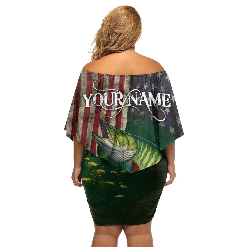 Musky Fishing Design Off Shoulder Short Dress with American Flag Background and Custom Name Print - Wonder Print Shop