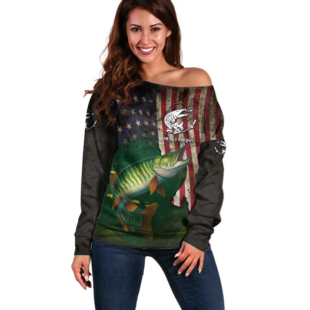 Musky Fishing Design Off Shoulder Sweater with American Flag Background and Custom Name Print - Wonder Print Shop