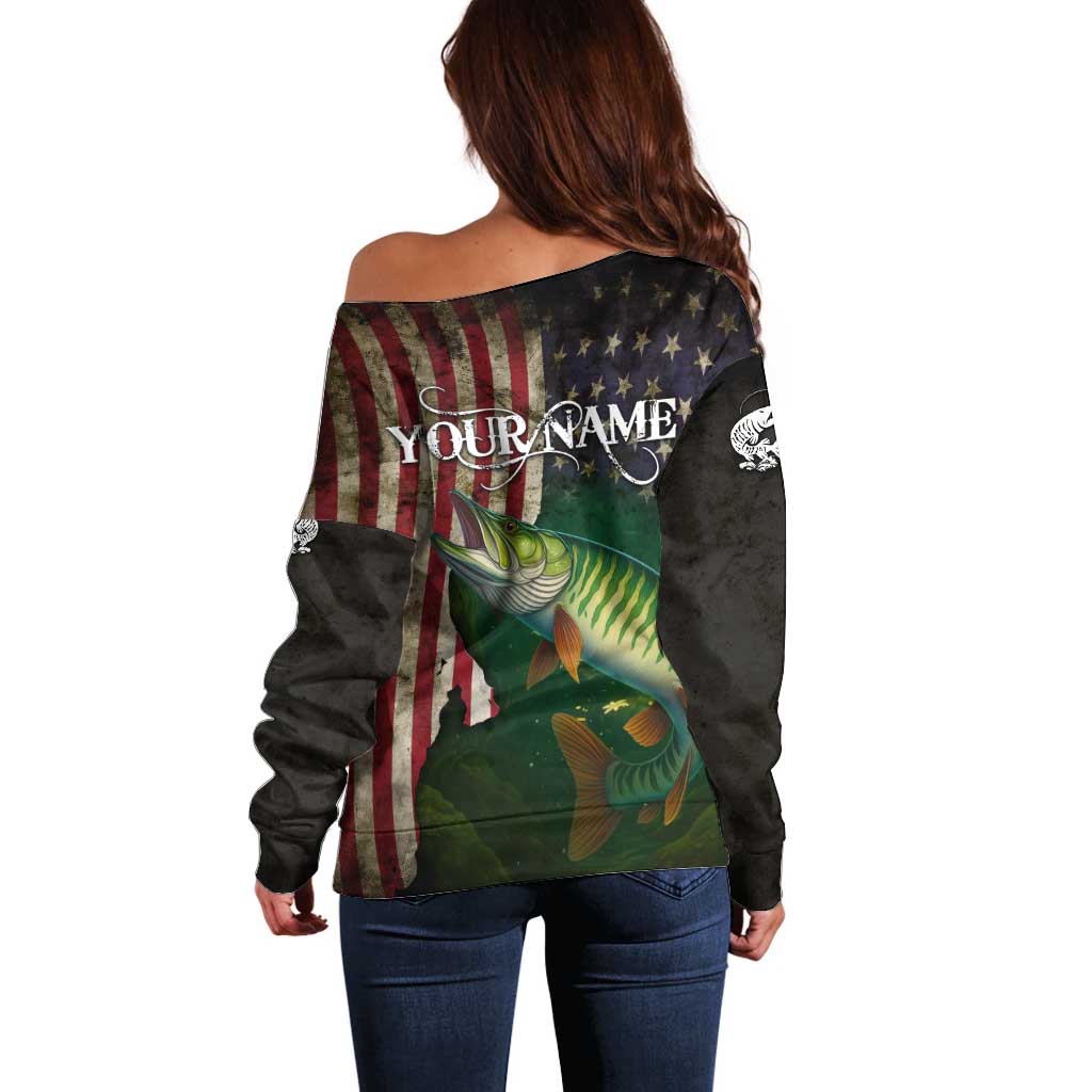 Musky Fishing Design Off Shoulder Sweater with American Flag Background and Custom Name Print - Wonder Print Shop