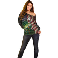 Musky Fishing Design Off Shoulder Sweater with American Flag Background and Custom Name Print - Wonder Print Shop