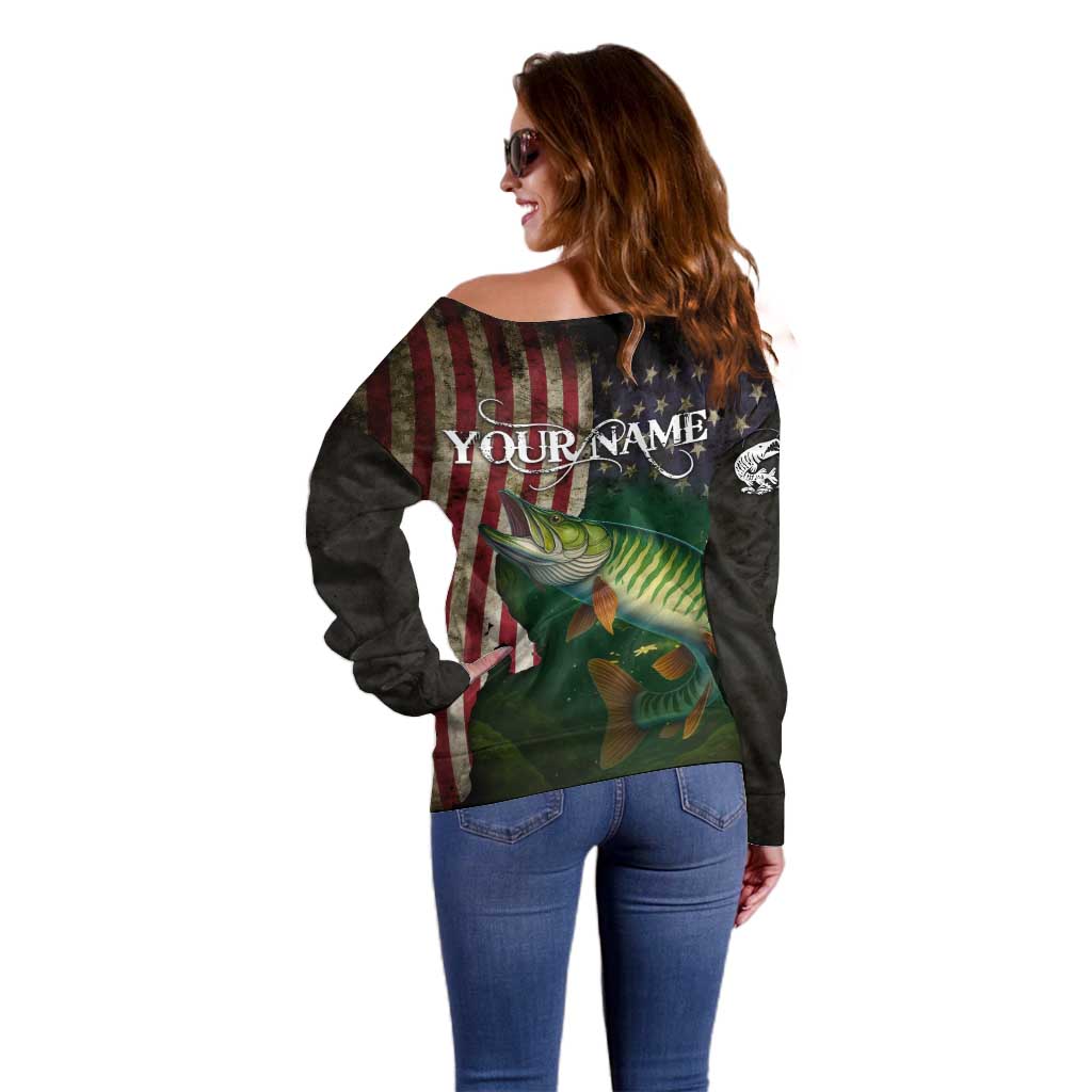 Musky Fishing Design Off Shoulder Sweater with American Flag Background and Custom Name Print - Wonder Print Shop