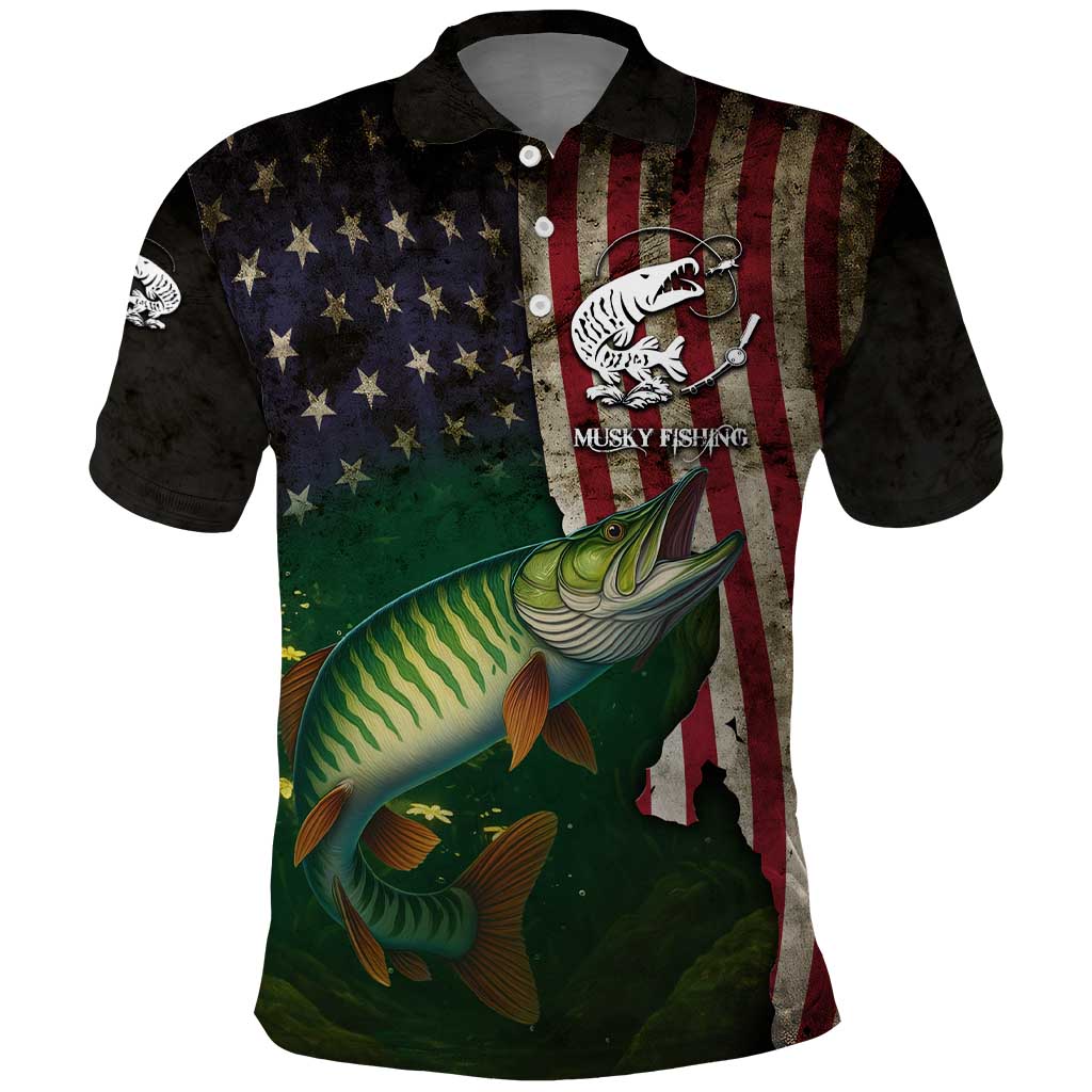Musky Fishing Design Polo Shirt with American Flag Background and Custom Name Print - Wonder Print Shop