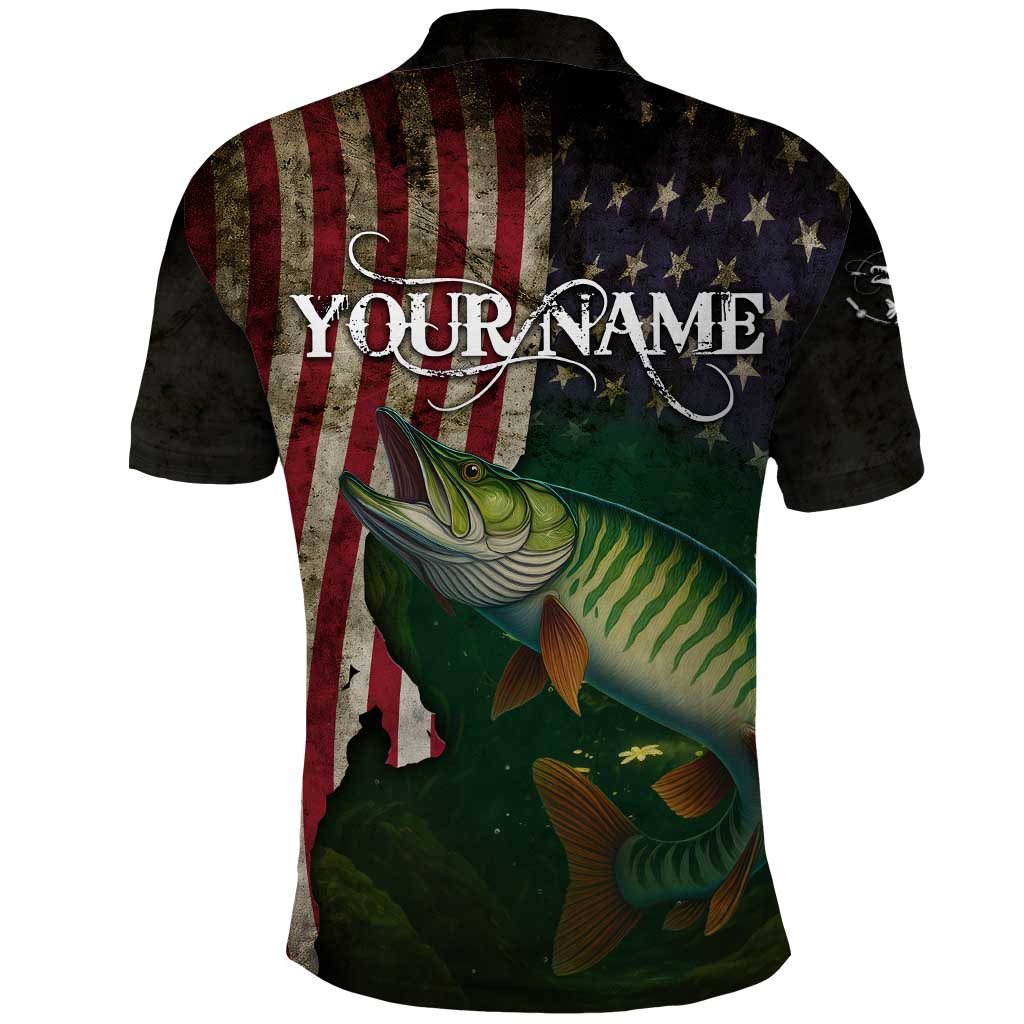 Musky Fishing Design Polo Shirt with American Flag Background and Custom Name Print - Wonder Print Shop