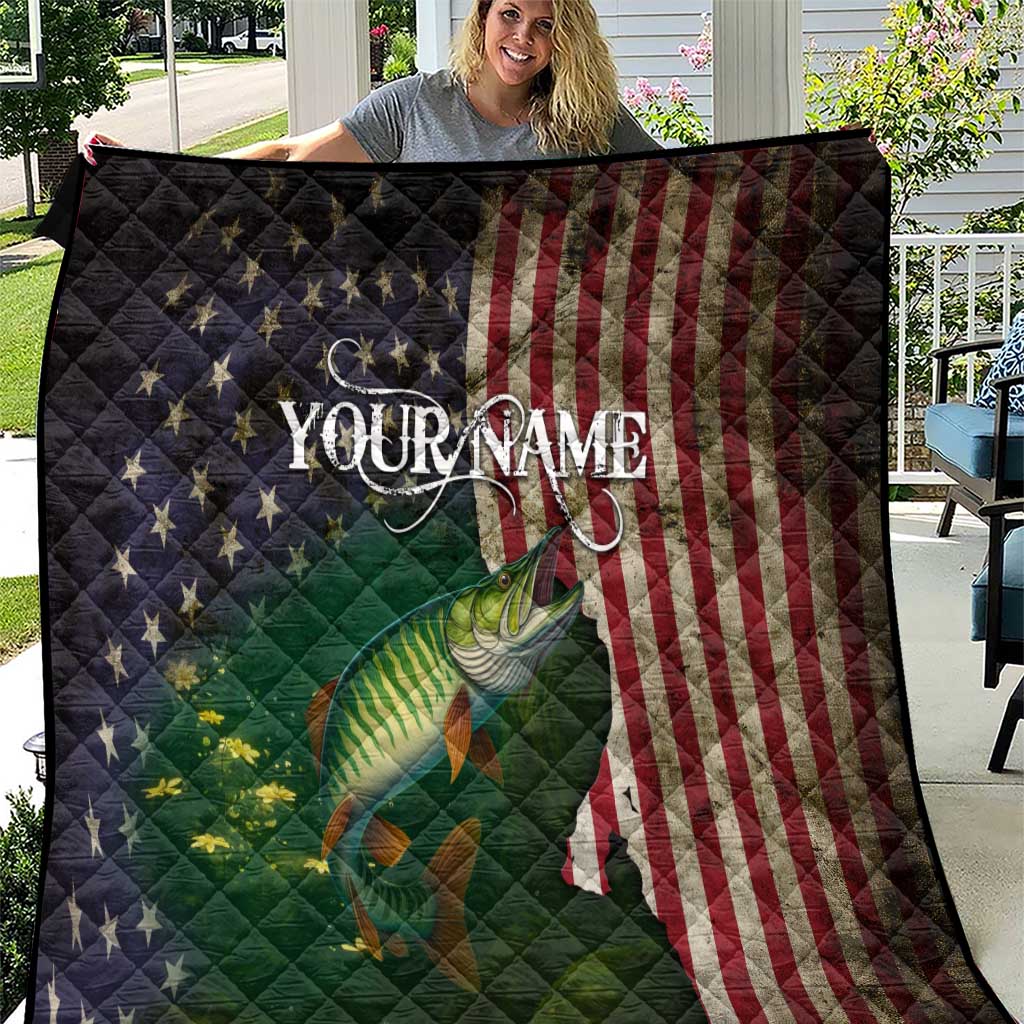 Musky Fishing Design Quilt with American Flag Background and Custom Name Print - Wonder Print Shop