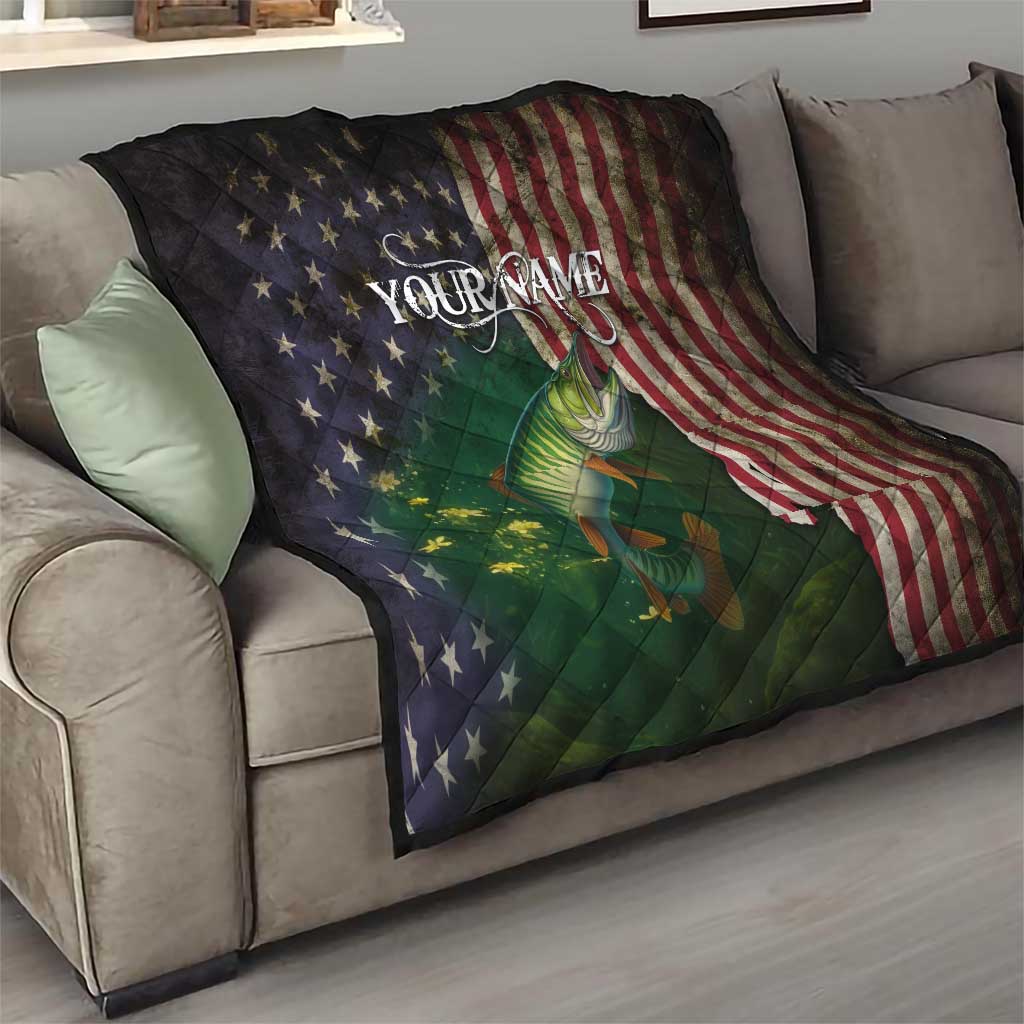 Musky Fishing Design Quilt with American Flag Background and Custom Name Print - Wonder Print Shop