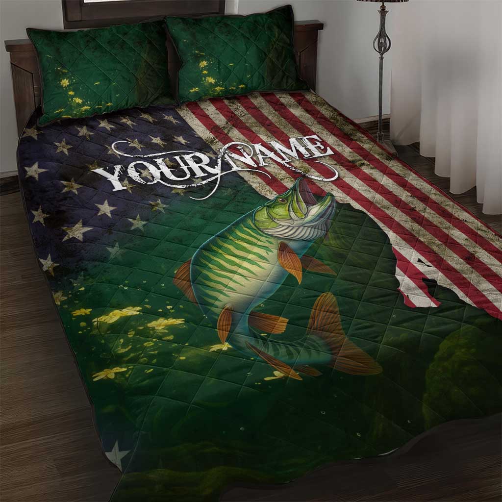 Musky Fishing Design Quilt Bed Set with American Flag Background and Custom Name Print - Wonder Print Shop