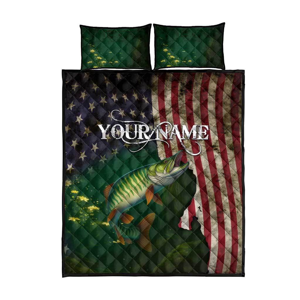 Musky Fishing Design Quilt Bed Set with American Flag Background and Custom Name Print - Wonder Print Shop