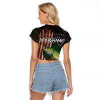 Musky Fishing Design Raglan Cropped T Shirt with American Flag Background and Custom Name Print - Wonder Print Shop