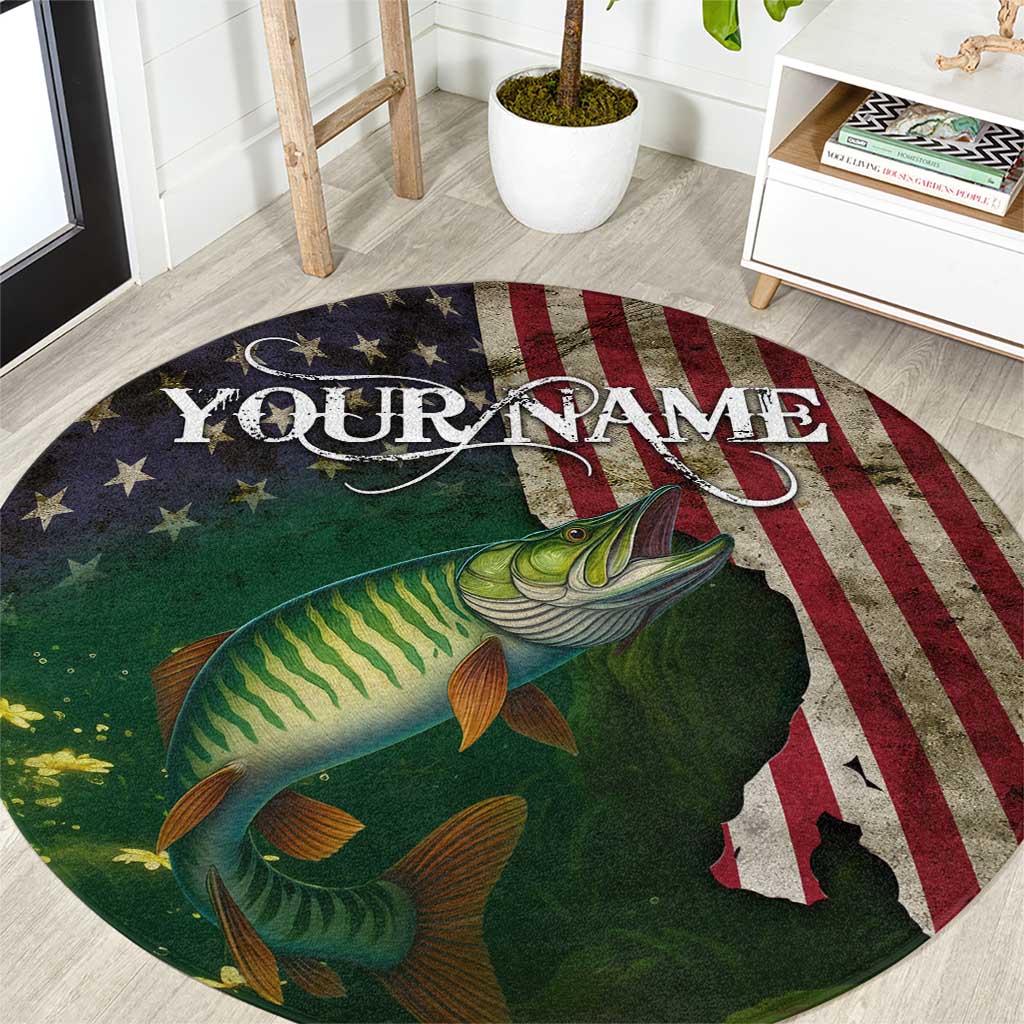 Musky Fishing Design Round Carpet with American Flag Background and Custom Name Print - Wonder Print Shop