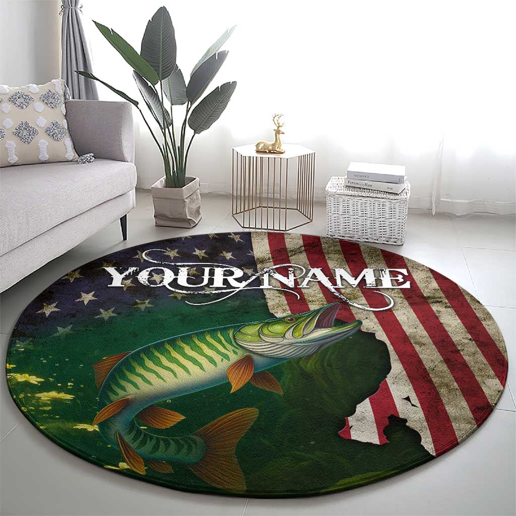 Musky Fishing Design Round Carpet with American Flag Background and Custom Name Print - Wonder Print Shop