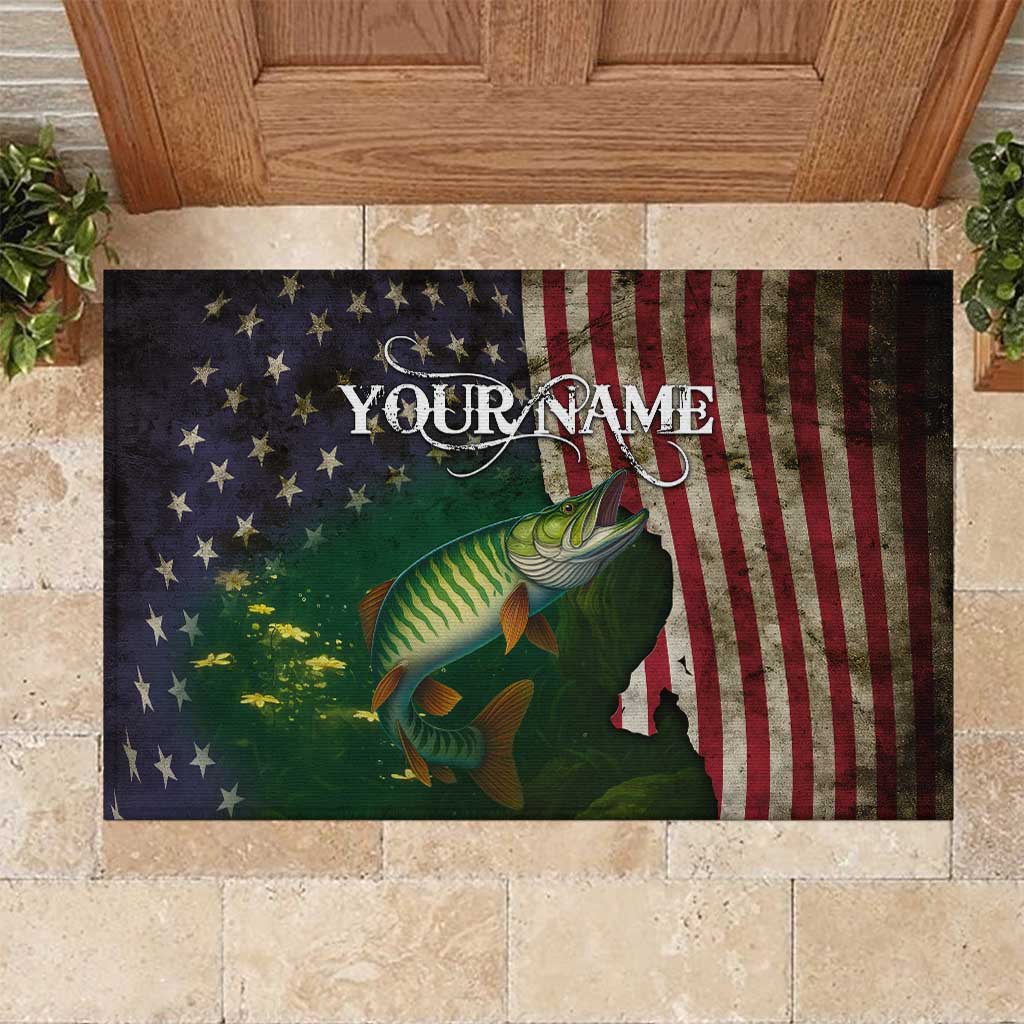 Musky Fishing Design Rubber Doormat with American Flag Background and Custom Name Print - Wonder Print Shop