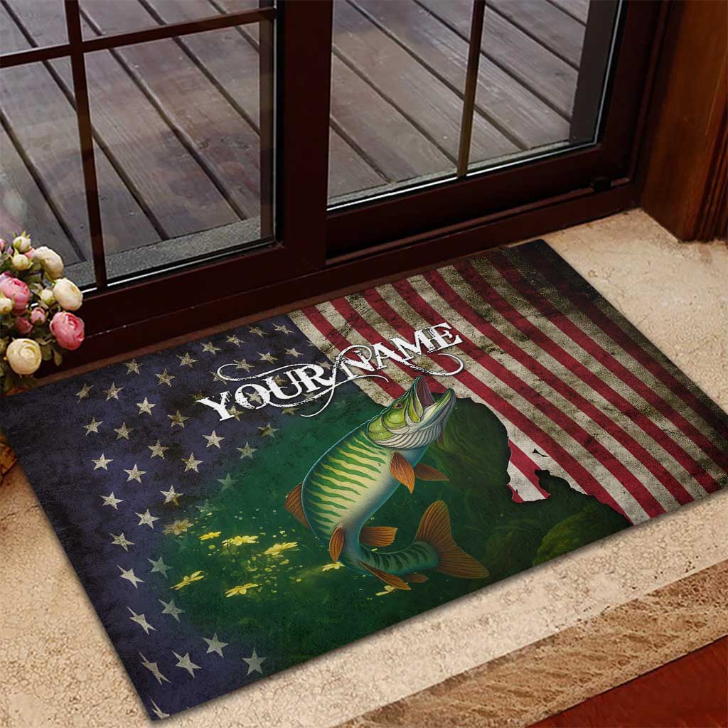 Musky Fishing Design Rubber Doormat with American Flag Background and Custom Name Print - Wonder Print Shop