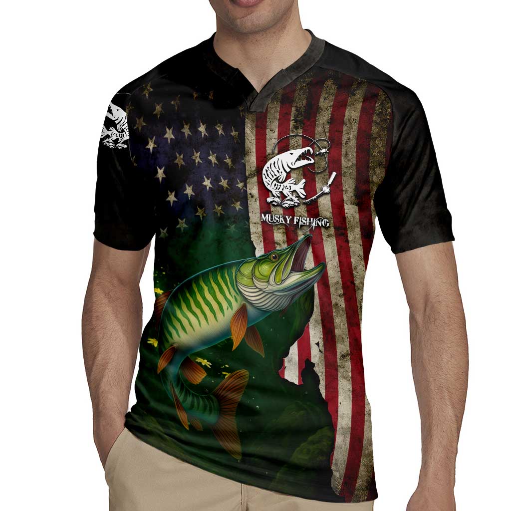 Musky Fishing Design Rugby Jersey with American Flag Background and Custom Name Print - Wonder Print Shop
