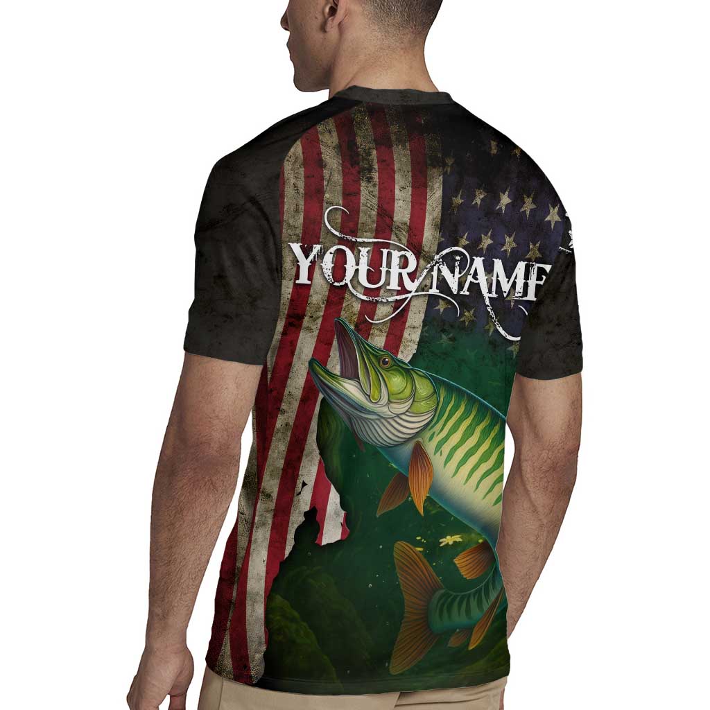 Musky Fishing Design Rugby Jersey with American Flag Background and Custom Name Print - Wonder Print Shop