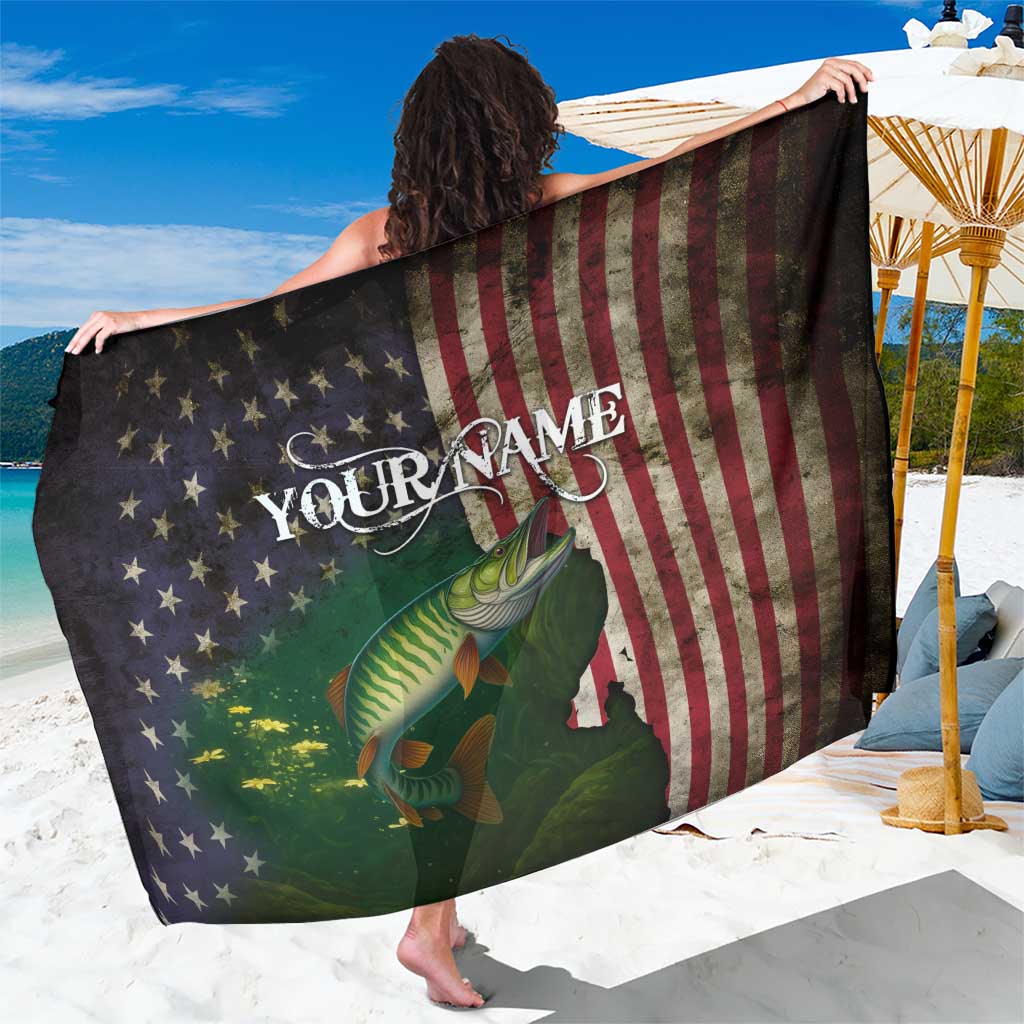 Musky Fishing Design Sarong with American Flag Background and Custom Name Print - Wonder Print Shop