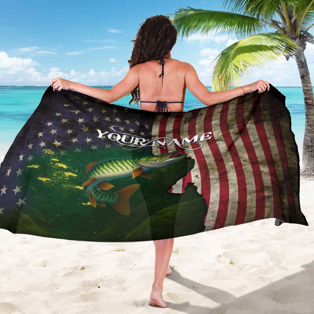 Musky Fishing Design Sarong with American Flag Background and Custom Name Print - Wonder Print Shop