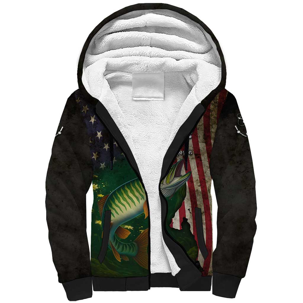 Musky Fishing Design Sherpa Hoodie with American Flag Background and Custom Name Print - Wonder Print Shop