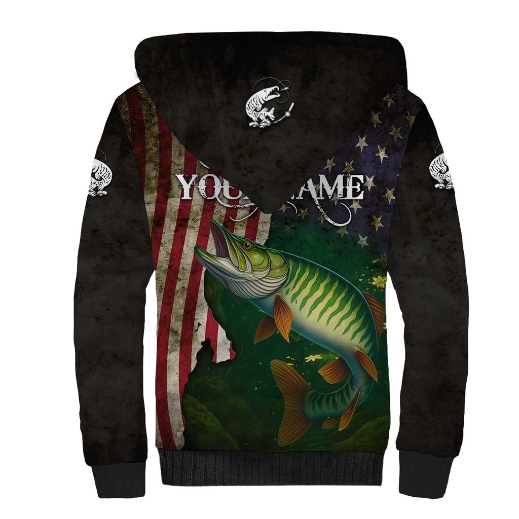 Musky Fishing Design Sherpa Hoodie with American Flag Background and Custom Name Print - Wonder Print Shop