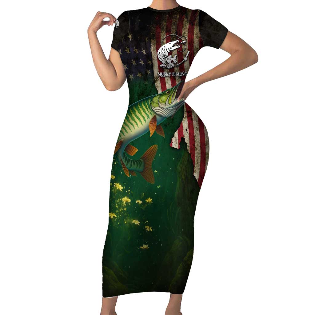 Musky Fishing Design Short Sleeve Bodycon Dress with American Flag Background and Custom Name Print - Wonder Print Shop