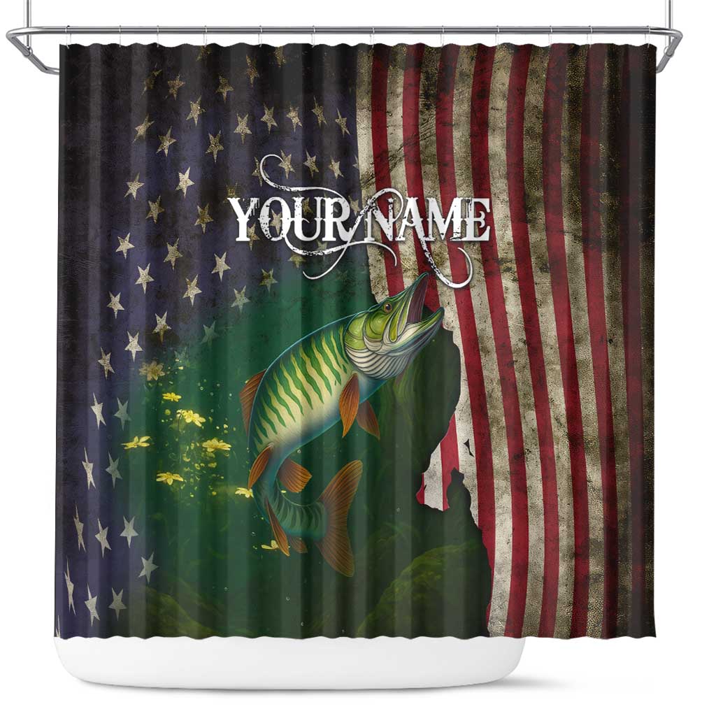 Musky Fishing Design Shower Curtain with American Flag Background and Custom Name Print - Wonder Print Shop