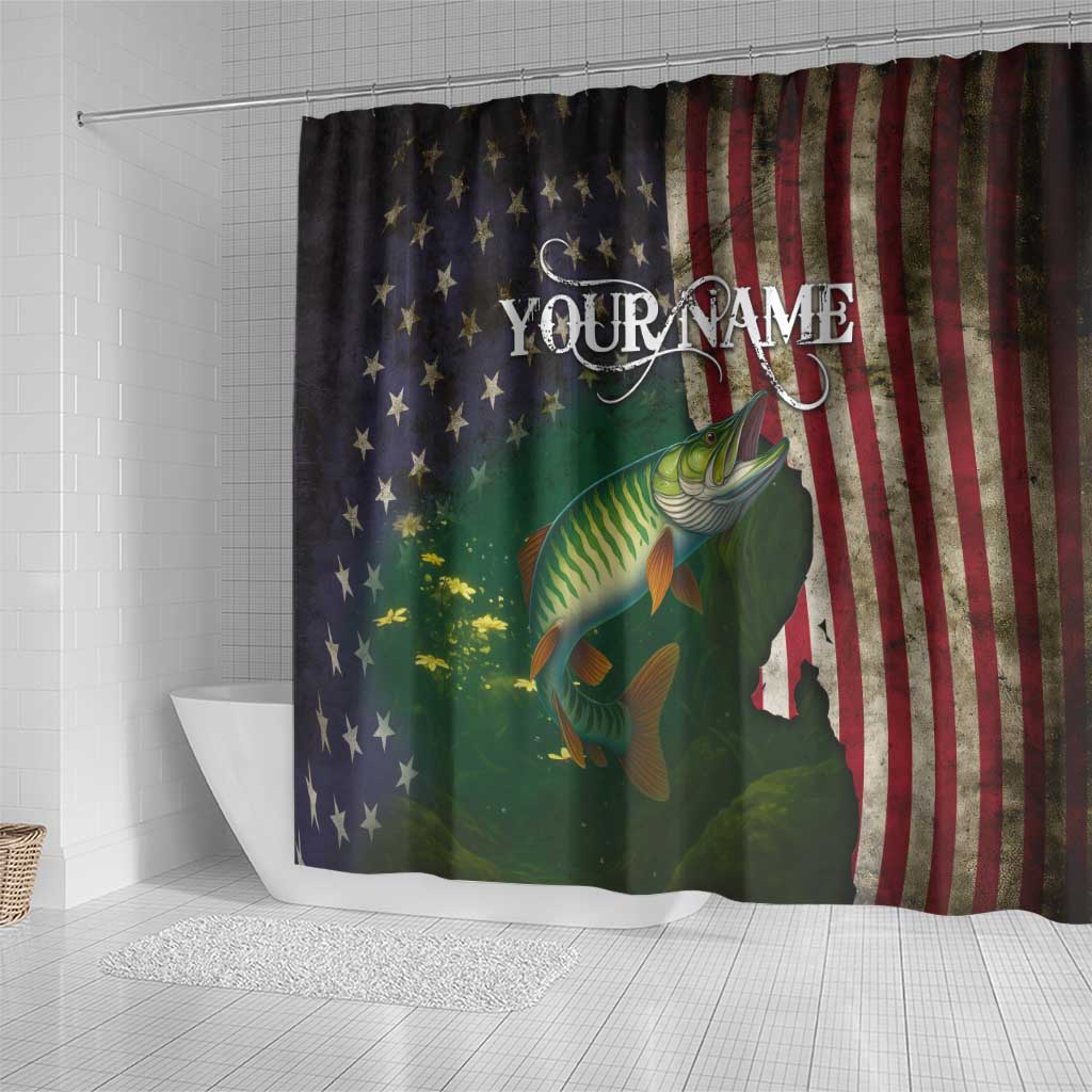 Musky Fishing Design Shower Curtain with American Flag Background and Custom Name Print - Wonder Print Shop