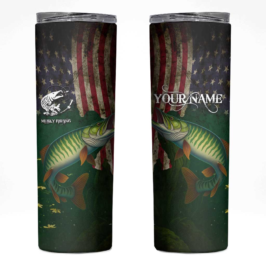 Musky Fishing Design Skinny Tumbler with American Flag Background and Custom Name Print - Wonder Print Shop