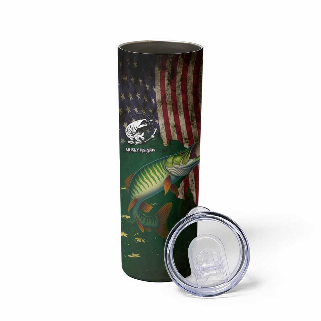 Musky Fishing Design Skinny Tumbler with American Flag Background and Custom Name Print - Wonder Print Shop