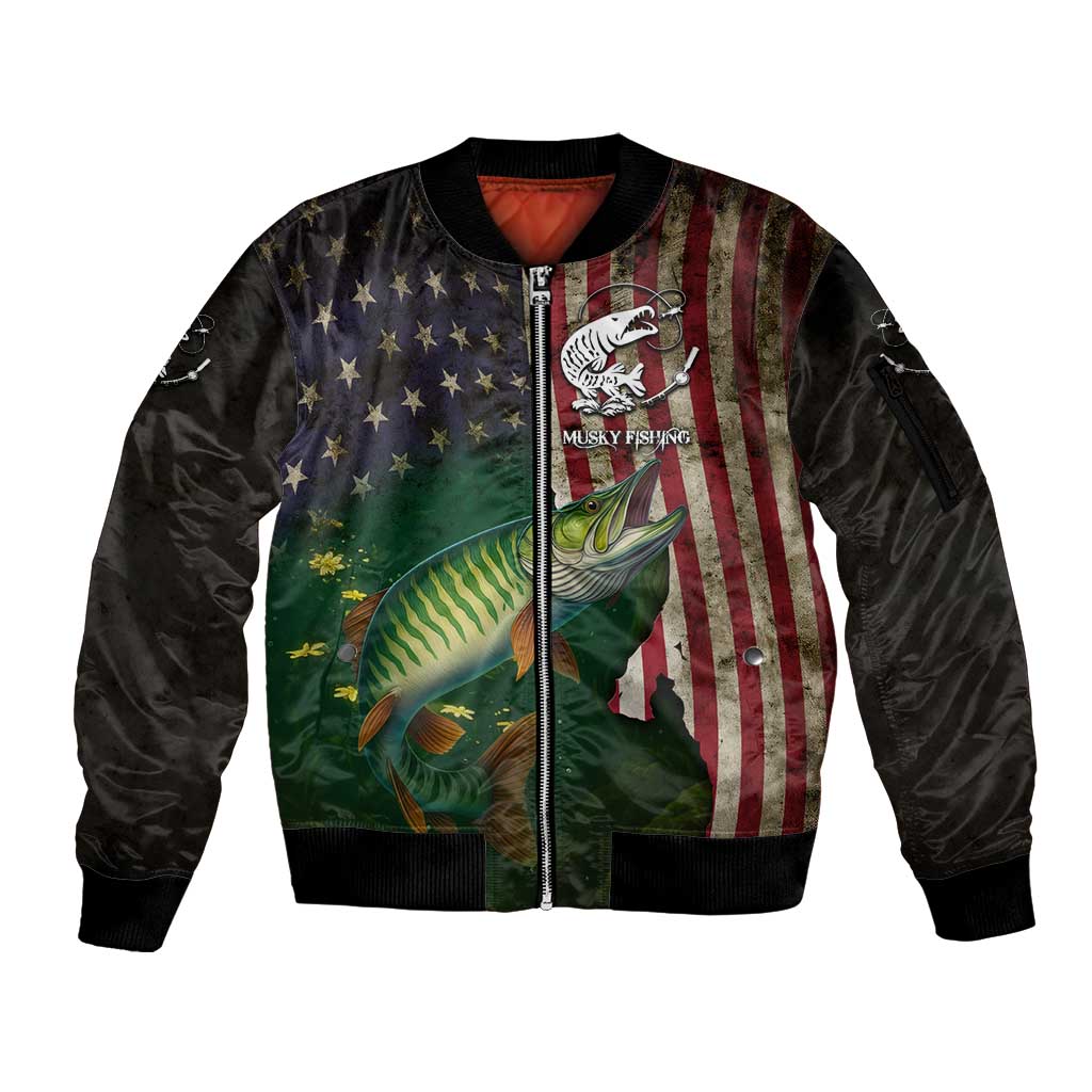 Musky Fishing Design Sleeve Zip Bomber Jacket with American Flag Background and Custom Name Print - Wonder Print Shop