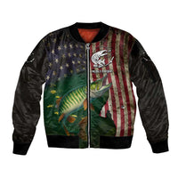 Musky Fishing Design Sleeve Zip Bomber Jacket with American Flag Background and Custom Name Print - Wonder Print Shop