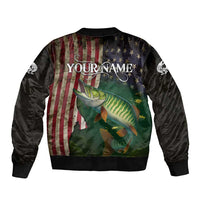 Musky Fishing Design Sleeve Zip Bomber Jacket with American Flag Background and Custom Name Print - Wonder Print Shop