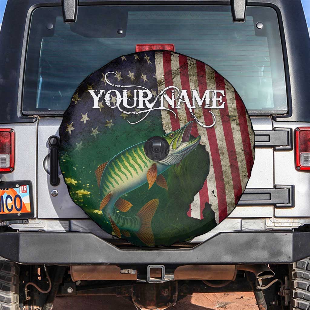 Musky Fishing Design Spare Tire Cover with American Flag Background and Custom Name Print - Wonder Print Shop