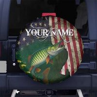Musky Fishing Design Spare Tire Cover with American Flag Background and Custom Name Print - Wonder Print Shop