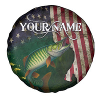 Musky Fishing Design Spare Tire Cover with American Flag Background and Custom Name Print - Wonder Print Shop
