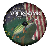Musky Fishing Design Spare Tire Cover with American Flag Background and Custom Name Print - Wonder Print Shop