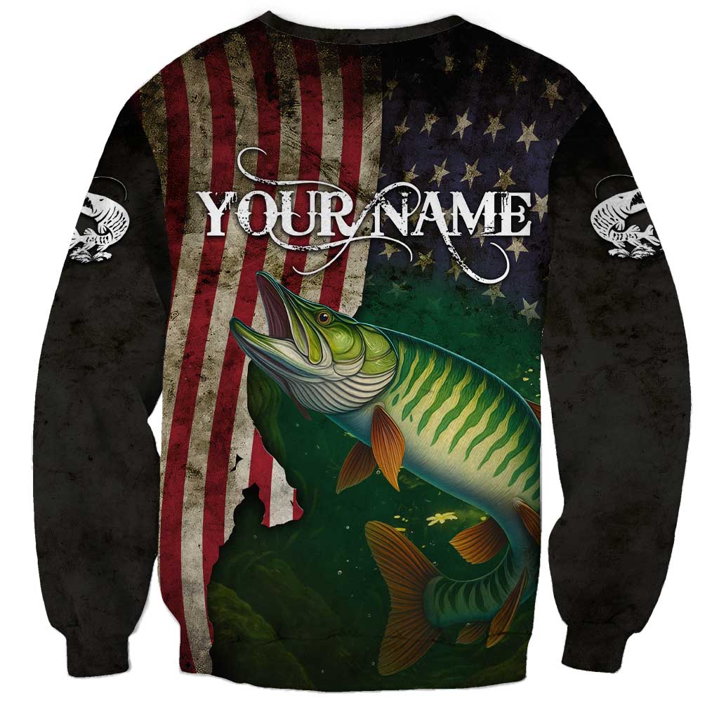 Musky Fishing Design Sweatshirt with American Flag Background and Custom Name Print - Wonder Print Shop