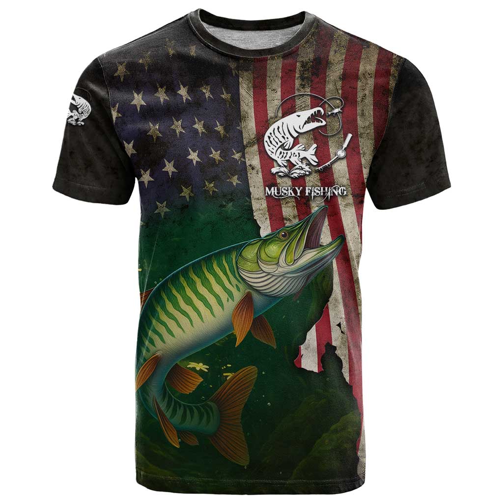 Musky Fishing Design T Shirt with American Flag Background and Custom Name Print - Wonder Print Shop