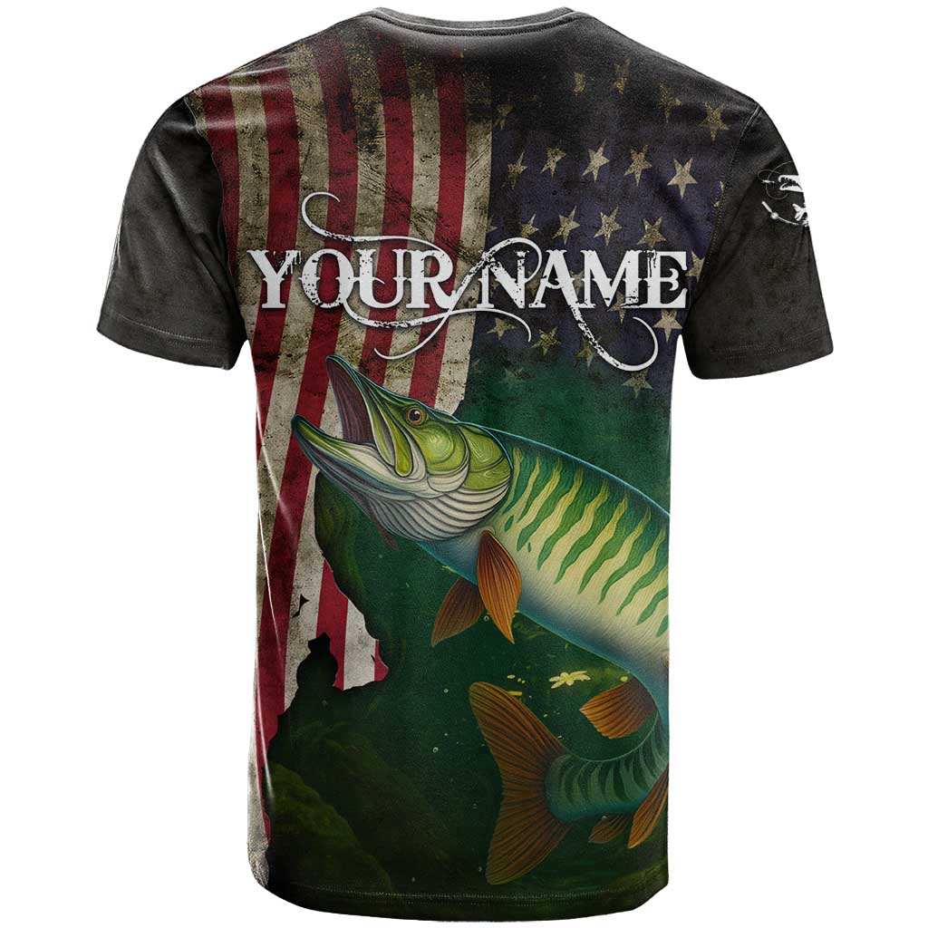 Musky Fishing Design T Shirt with American Flag Background and Custom Name Print - Wonder Print Shop