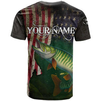 Musky Fishing Design T Shirt with American Flag Background and Custom Name Print - Wonder Print Shop