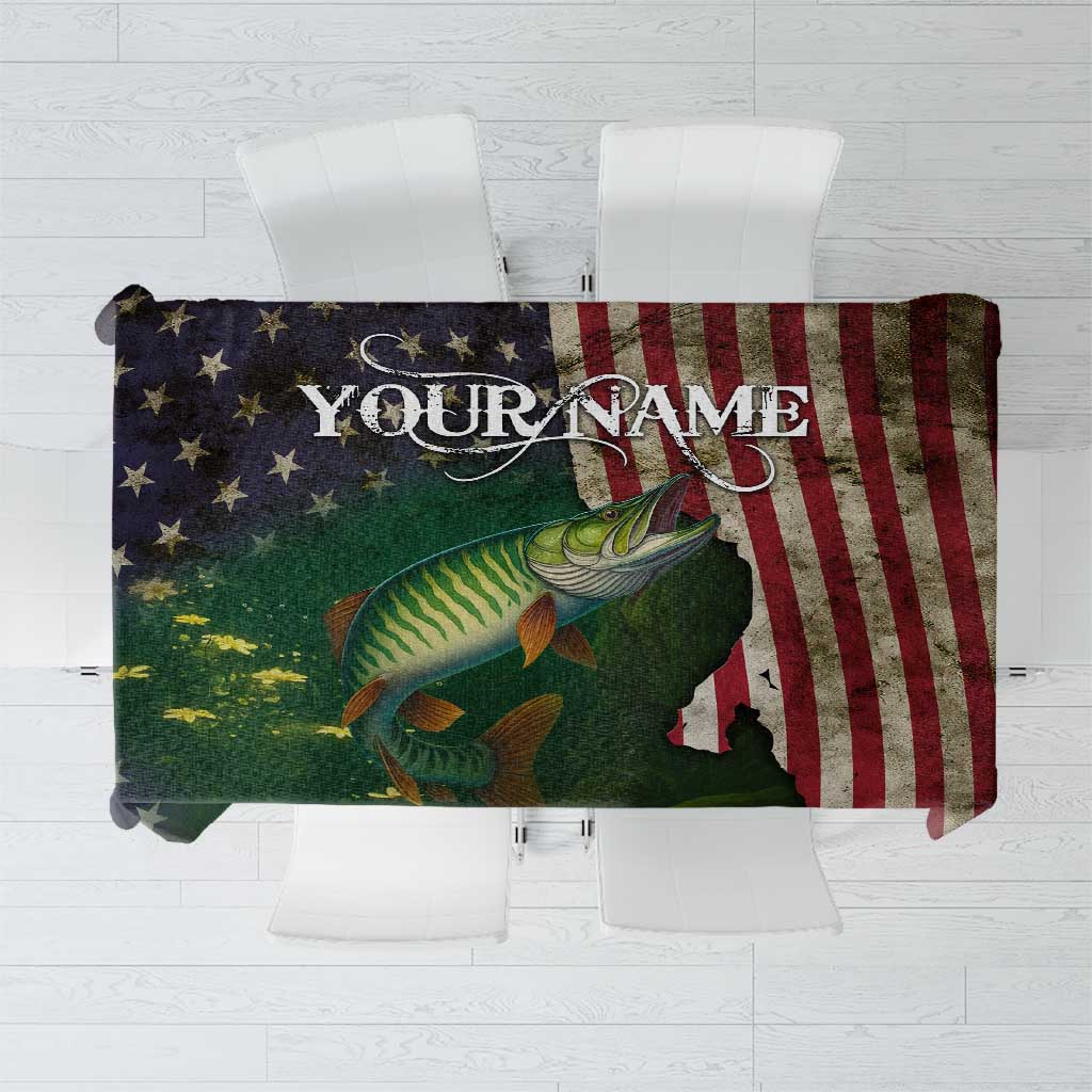 Musky Fishing Design Tablecloth with American Flag Background and Custom Name Print - Wonder Print Shop