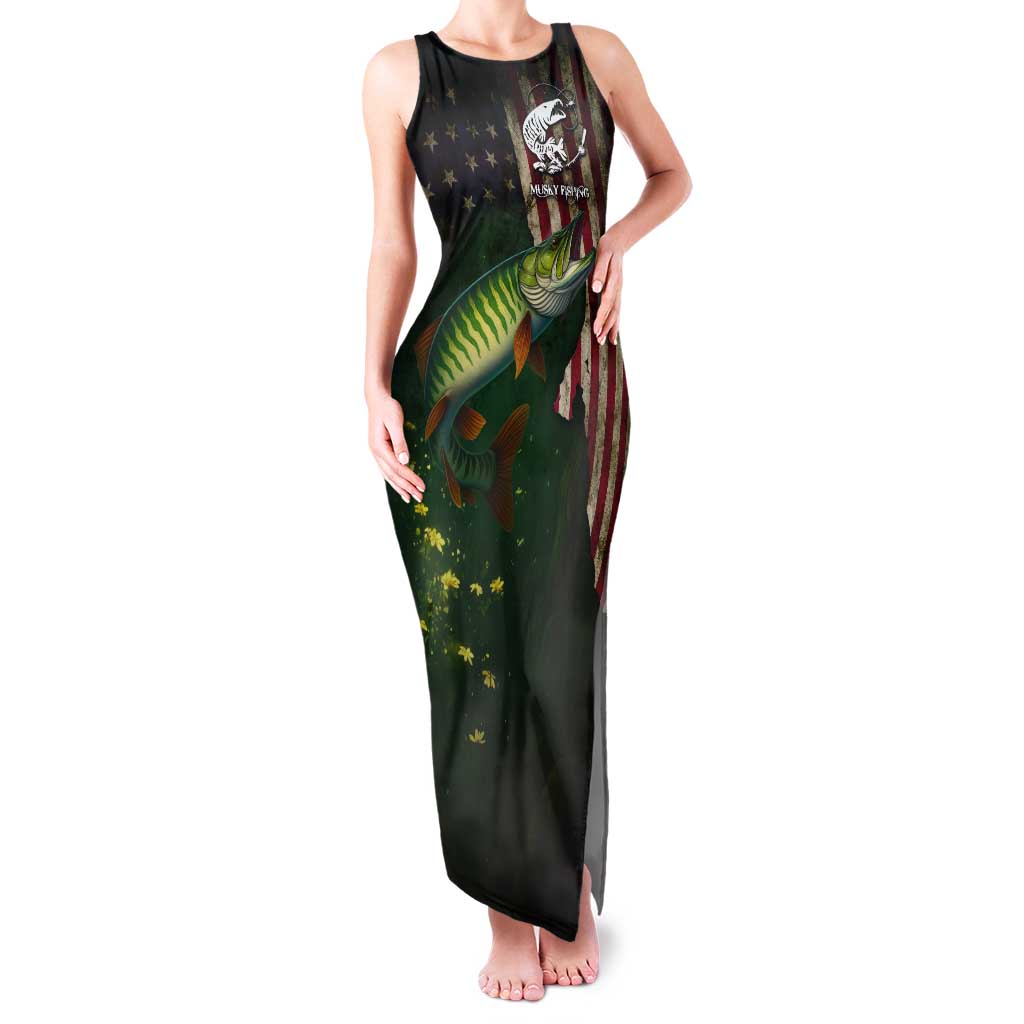 Musky Fishing Design Tank Maxi Dress with American Flag Background and Custom Name Print - Wonder Print Shop