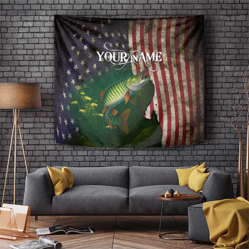 Musky Fishing Design Tapestry with American Flag Background and Custom Name Print - Wonder Print Shop