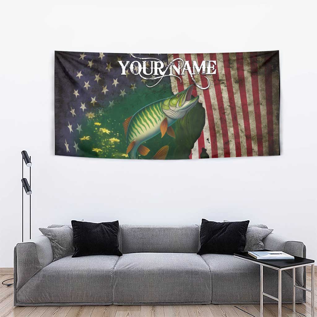 Musky Fishing Design Tapestry with American Flag Background and Custom Name Print - Wonder Print Shop