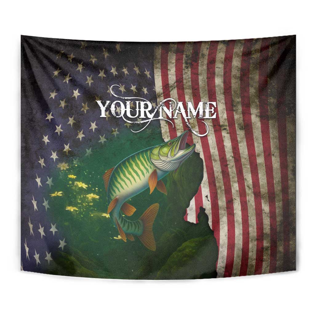 Musky Fishing Design Tapestry with American Flag Background and Custom Name Print - Wonder Print Shop