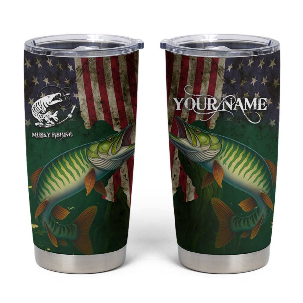 Musky Fishing Design Tumbler Cup with American Flag Background and Custom Name Print - Wonder Print Shop