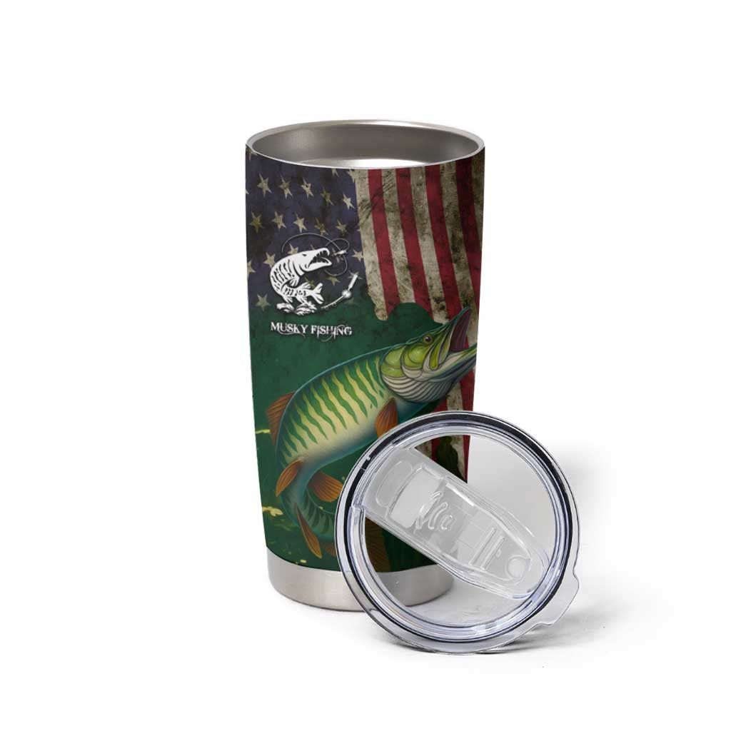 Musky Fishing Design Tumbler Cup with American Flag Background and Custom Name Print - Wonder Print Shop